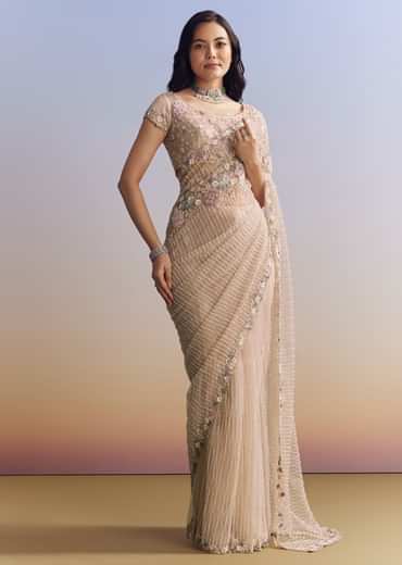 Beige Net Saree With Heavy Floral And Resham Thread Embroidery