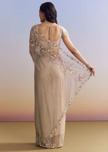 Beige Net Saree With Heavy Floral And Resham Thread Embroidery