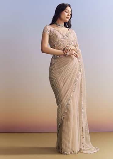 Beige Net Saree With Heavy Floral And Resham Thread Embroidery