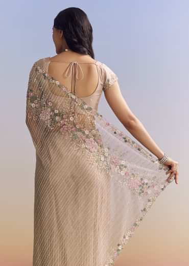 Beige Net Saree With Heavy Floral And Resham Thread Embroidery