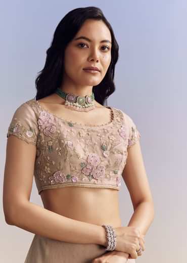 Beige Net Saree With Heavy Floral And Resham Thread Embroidery