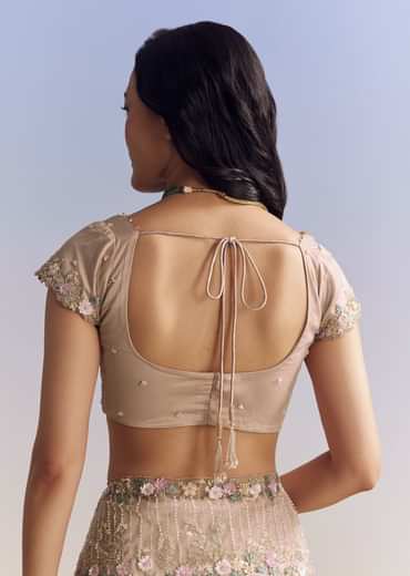 Beige Net Saree With Heavy Floral And Resham Thread Embroidery