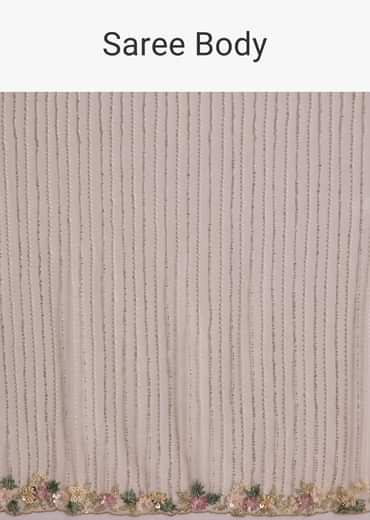 Beige Net Saree With Heavy Floral And Resham Thread Embroidery