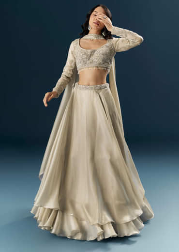 Beige Organza Bridesmaid Lehenga With Beads And Cutdana Embroidery