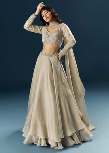 Beige Organza Bridesmaid Lehenga With Beads And Cutdana Embroidery