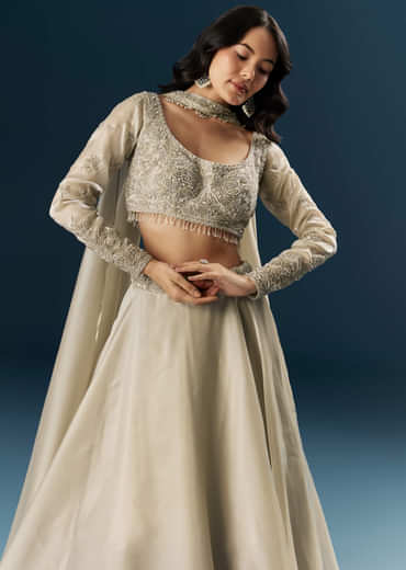 Beige Organza Bridesmaid Lehenga With Beads And Cutdana Embroidery