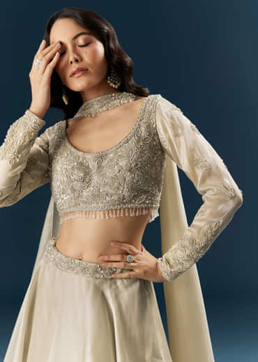 Beige Organza Bridesmaid Lehenga With Beads And Cutdana Embroidery