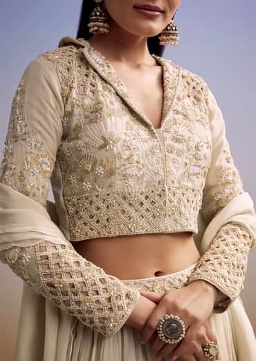 Beige Organza Lehenga Set With Embroidered Choli And Dupatta