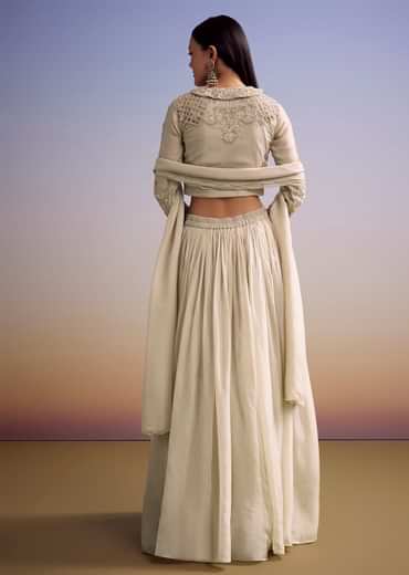 Beige Organza Lehenga Set With Embroidered Choli And Dupatta