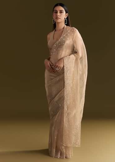 Beige Organza Sequin Embroidered Saree With Scallop Border