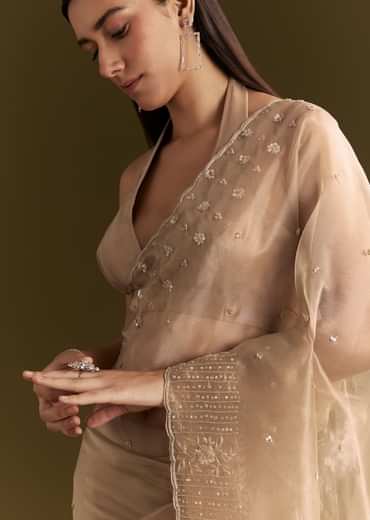 Beige Organza Sequin Embroidered Saree With Scallop Border