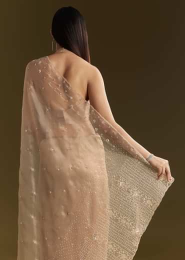 Beige Organza Sequin Embroidered Saree With Scallop Border