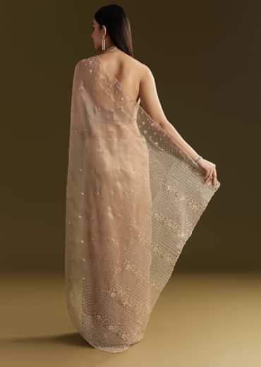 Beige Organza Sequin Embroidered Saree With Scallop Border