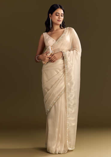 Beige Organza Tissue Saree With Cutdana And Beads Scallop Border