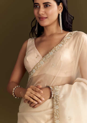 Beige Organza Tissue Saree With Cutdana And Beads Scallop Border
