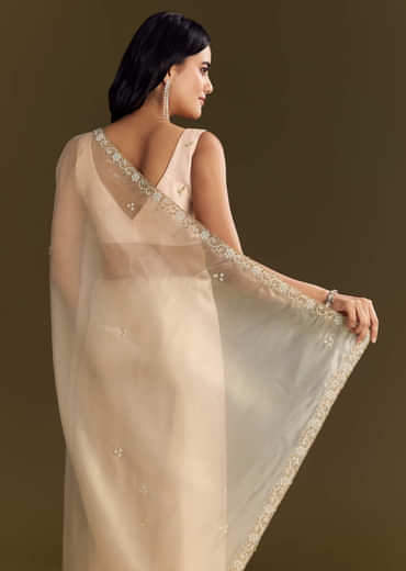 Beige Organza Tissue Saree With Cutdana And Beads Scallop Border