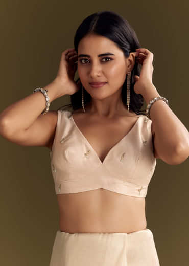 Beige Organza Tissue Saree With Cutdana And Beads Scallop Border