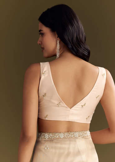 Beige Organza Tissue Saree With Cutdana And Beads Scallop Border