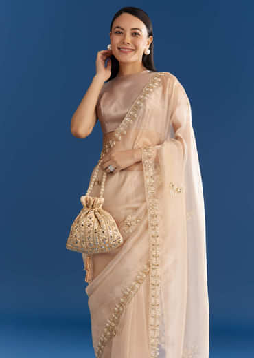 Beige Organza Tissue Saree With Cutdana Detailing