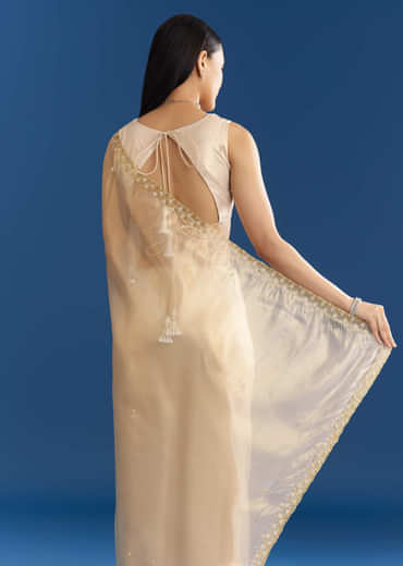 Beige Organza Tissue Saree With Embroidered Scallop