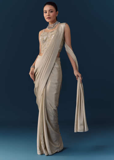 Beige Pre Pleated Saree with Sequin Corset Blouse