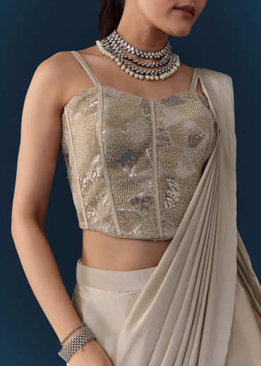 Beige Pre Pleated Saree with Sequin Corset Blouse