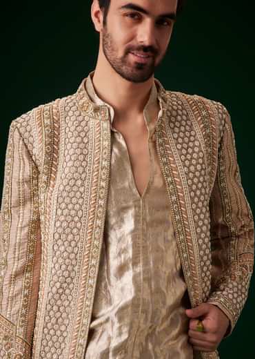 Beige Raw Silk Indowestern Sherwani Set