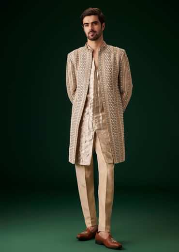 Beige Raw Silk Indowestern Sherwani Set