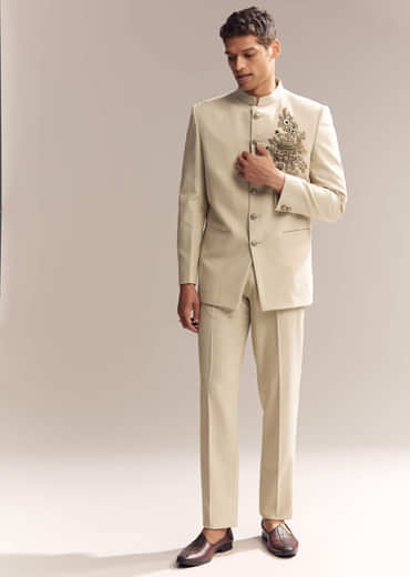 Beige Rayon Jodhpuri Suit For Men With Zardosi Embroidery