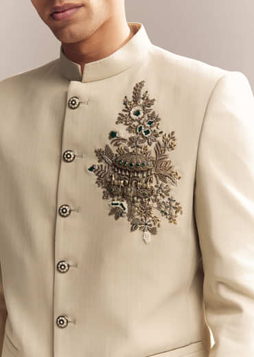 Beige Rayon Jodhpuri Suit For Men With Zardosi Embroidery