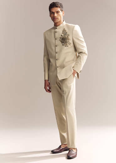 Beige Rayon Jodhpuri Suit For Men With Zardosi Embroidery