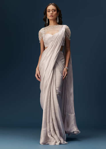 Beige Ready Pleated Saree With Cape And Blouse