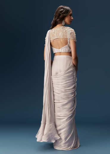 Beige Ready Pleated Saree With Cape And Blouse