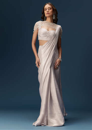 Beige Ready Pleated Saree With Cape And Blouse