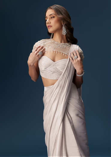 Beige Ready Pleated Saree With Cape And Blouse