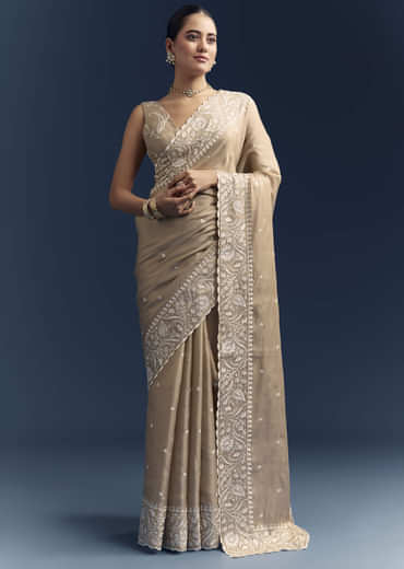 Beige Satin Cotton Saree With White Resham Embroidery