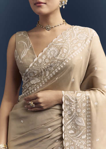 Beige Satin Cotton Saree With White Resham Embroidery