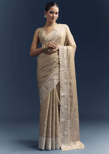 Beige Satin Cotton Saree With White Resham Embroidery
