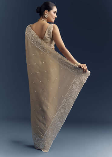 Beige Satin Cotton Saree With White Resham Embroidery