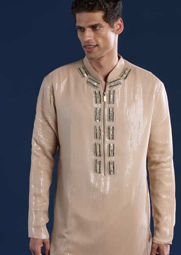 Beige Sequin Embellished Mens Kurta and Pant Set