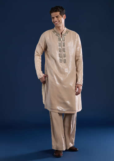 Beige Sequin Embellished Mens Kurta and Pant Set