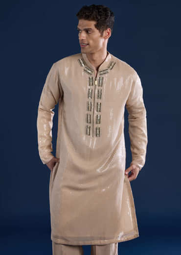 Beige Sequin Embellished Mens Kurta and Pant Set