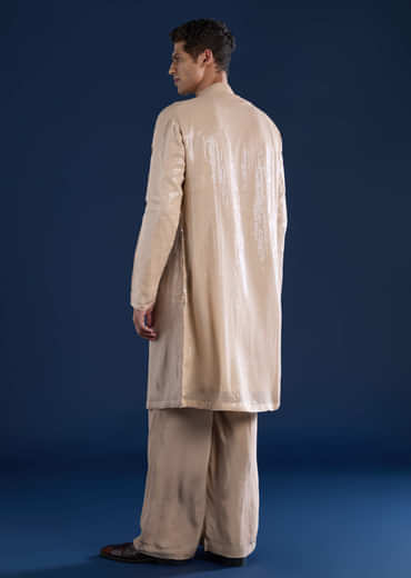 Beige Sequin Embellished Mens Kurta and Pant Set