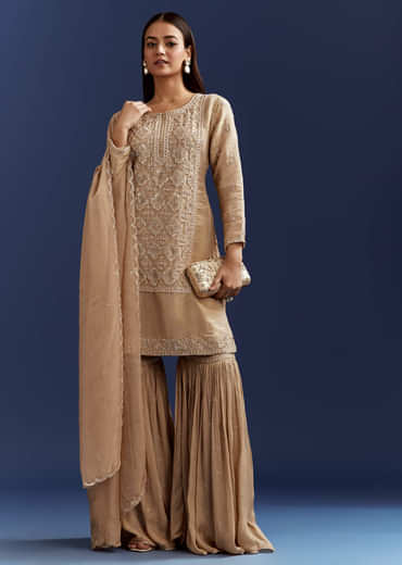 Beige Sequins And Cutdana Kurta With Sharara And Organza Dupatta