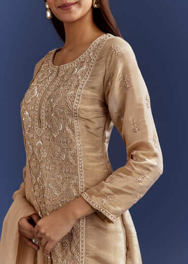 Beige Sequins And Cutdana Kurta With Sharara And Organza Dupatta