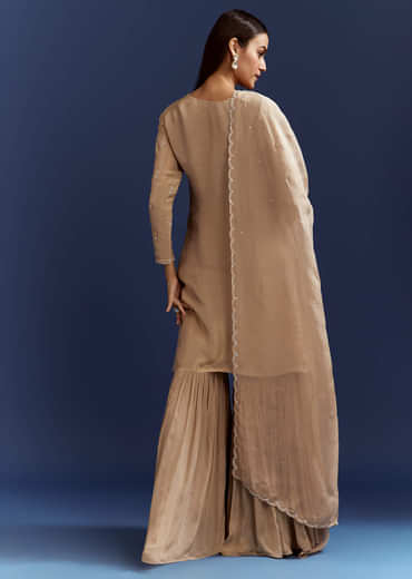 Beige Sequins And Cutdana Kurta With Sharara And Organza Dupatta