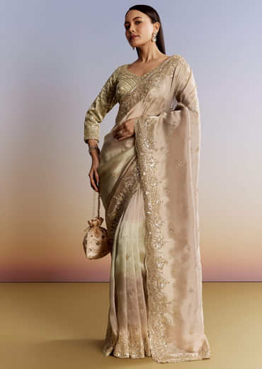 Beige Shaded Tissue Saree With Sequins Beads And Cutdana