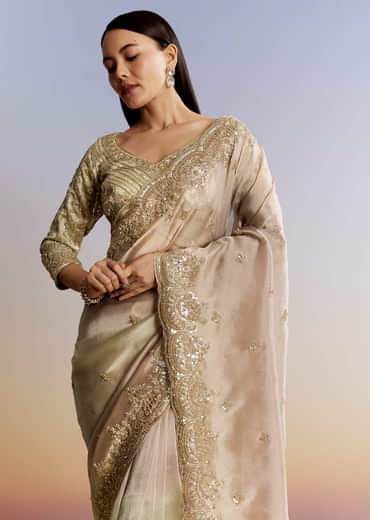Beige Shaded Tissue Saree With Sequins Beads And Cutdana