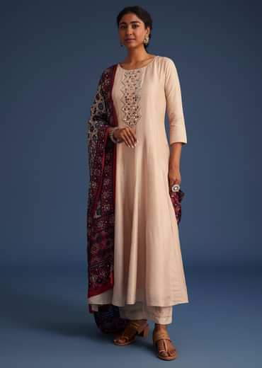 Beige Silk Anarkali Set With Ajrakh Print Dupatta