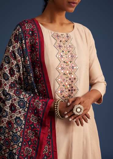 Beige Silk Anarkali Set With Ajrakh Print Dupatta